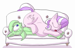 Size: 868x555 | Tagged: safe, artist:secretgoombaman12345, imported from derpibooru, diamond tiara, oc, earth pony, chubby diamond, couch, fat, female, filly, foal, looking at butt, simple background, sitting on person, white background, wide eyes