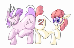 Size: 827x538 | Tagged: safe, artist:secretgoombaman12345, imported from derpibooru, diamond tiara, twist, earth pony, pony, butt to butt, butt touch, chubby diamond, eyes closed, fat, female, filly, foal, simple background, white background