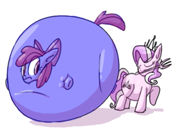 Size: 967x720 | Tagged: safe, artist:secretgoombaman12345, imported from derpibooru, apple bloom, diamond tiara, pony, blueberry inflation, chubby diamond, fat, female, filly, foal, fork, inflation, mouth hold, simple background, spherical inflation, this will end in tears, white background