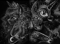 Size: 1149x842 | Tagged: safe, artist:arnne, edit, editor:caligari87, imported from derpibooru, nightmare moon, princess luna, alicorn, pony, back to back, bust, cloud, crying, duality, duo, ear piercing, earring, female, floral head wreath, flower, fluffy, frown, grayscale, grin, jewelry, monochrome, night, open mouth, piercing, portrait, profile, regalia, sad, smiling, stars, traditional art