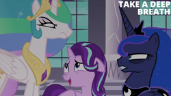 Size: 1280x720 | Tagged: safe, edit, edited screencap, editor:quoterific, imported from derpibooru, screencap, princess celestia, princess luna, starlight glimmer, alicorn, pony, unicorn, a royal problem, angry, bags under eyes, celestia is not amused, crown, ethereal mane, female, frown, glare, gritted teeth, jewelry, looking at each other, looking at someone, luna is not amused, mare, nervous, open mouth, open smile, peytral, regalia, royal sisters, sibling rivalry, siblings, sisters, smiling, teeth, trio, trio female, unamused