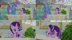 Size: 4400x2475 | Tagged: safe, edit, edited screencap, editor:quoterific, imported from derpibooru, screencap, phyllis, starlight glimmer, trixie, pony, unicorn, a horse shoe-in, cape, clothes, confident, female, frown, grin, gritted teeth, happy, hat, inkwell, mare, open mouth, open smile, outstretched hoof, philodendron, plant, quill, raised hoof, sad, smiling, starlight's office, teeth, trixie's brooch, trixie's cape, trixie's hat