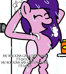 Size: 1275x1414 | Tagged: safe, artist:professorventurer, imported from derpibooru, pipp petals, pegasus, pony, series:ask pippamena, bipedal, doctor who, g5, intentional spelling error, pippamena, shampoo, shower, simpsons did it, singing, soaked, soap bubble, wet, wet mane