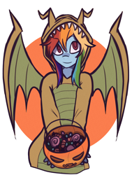 Size: 4092x5400 | Tagged: safe, artist:meliciamelano, imported from derpibooru, rainbow dash, anthro, dragon, absurd resolution, candy, clothes, costume, dragon costume, food, halloween, halloween costume, holding, holiday, looking at you, pumpkin, pumpkin bucket, simple background, smiling, smiling at you, solo, standing, trick or treat, white background, wings