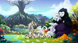 Size: 1600x899 | Tagged: safe, artist:arctic-fox, imported from derpibooru, oc, oc:ashley fox, oc:patrick poe, pony, zebra, blue sky, cloud, crossover, female, flower, forest, fruit, glowing, grass, group, hug, hugging a pony, mare, naru, nuzzling, ori, ori and the blind forest, pond, quartet, roots, sky, slim, smiling, tree, water, zebra oc