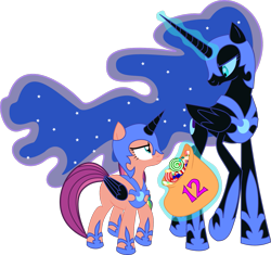 Size: 1371x1291 | Tagged: safe, anonymous artist, imported from derpibooru, nightmare moon, sunny starscout, alicorn, pony, spoiler:g5, spoiler:my little pony: tell your tale, spoiler:tyts01e30, .svg available, bag, candy, clothes, cosplay, costume, duo, eyelashes, female, food, g5, glow, glowing horn, height difference, helmet, hoof shoes, horn, looking at each other, looking at someone, magic, mare, mlp fim's twelfth anniversary, my little pony: tell your tale, nightmare moon armor, nightmare night costume, nightmare night party, nightmare sunny, peytral, simple background, slim, svg, tall, telekinesis, transparent background, vector