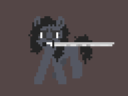 Size: 320x240 | Tagged: safe, artist:longsword, derpibooru exclusive, imported from derpibooru, oc, oc only, earth pony, pony, abstract background, battle stance, female, gray coat, mare, messy hair, messy mane, messy tail, mouth hold, pixel art, solo, sword, tail, weapon