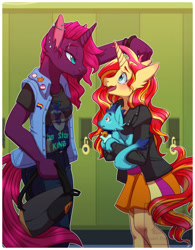 Size: 996x1280 | Tagged: safe, artist:pornypastel, imported from derpibooru, sunset shimmer, tempest shadow, anthro, cat, unicorn, alternate universe, barbell piercing, blushing, ear piercing, ember the cat, high school, horn, lockers, looking at each other, looking at someone, piercing, pride flag