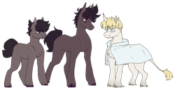 Size: 1967x1010 | Tagged: safe, artist:eggoatt, imported from twibooru, earth pony, pony, unicorn, clothes, cloven hooves, coat, devilman crybaby, eye scar, image, leonine tail, png, ponified, scar, simple background, transparent background, unshorn fetlocks