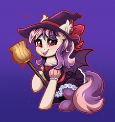 Size: 3300x3511 | Tagged: safe, artist:confetticakez, imported from derpibooru, oc, oc only, bat pony, pony, broom, clothes, dress, female, hat, high res, mare, smiling, socks, solo, spread wings, stockings, thigh highs, wings, witch, witch hat