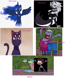 Size: 4224x4656 | Tagged: safe, artist:thegamerpainter, imported from derpibooru, screencap, princess luna, alicorn, cat, fish, hellhound, human, snail, wolf, 1000 hours in ms paint, gary the snail, he's squidward, helluva boss, looking at you, loona (helluva boss), luna (sailor moon), luna loud, meme, meme template, spoilers for another series, spongebob squarepants, spread wings, text, wings, you're squidward