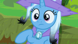 Size: 710x400 | Tagged: safe, edit, edited screencap, imported from derpibooru, screencap, trixie, pony, unicorn, a horse shoe-in, air quotes, animated, brooch, cape, careless, clothes, cute, diatrixes, female, glow, hat, jewelry, lightup, mare, raised eyebrow, reckless, signed, solo, trixie's brooch, trixie's cape, trixie's glowing brooch, trixie's hat