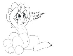 Size: 7365x5604 | Tagged: safe, artist:pabbley, imported from twibooru, pinkie pie, semi-anthro, unicorn, armpits, belly button, dialogue, image, partial color, png, race swap, simple background, sitting, solo, this explains everything, unicorn pinkie pie, white background, xk-class end-of-the-world scenario