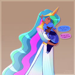 Size: 2362x2362 | Tagged: safe, artist:syrupyyy, edit, princess celestia, princess luna, human, carrying, comforting, crying, dark skin, dialogue, duo, elf ears, female, humanized, moderate dark skin, royal sisters, siblings, sisters, vulgar, younger