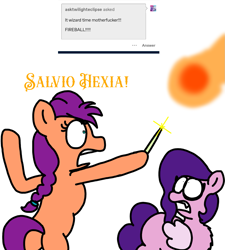 Size: 1275x1414 | Tagged: safe, artist:professorventurer, imported from derpibooru, pipp petals, sunny starscout, earth pony, pegasus, pony, series:ask pippamena, bipedal, butt, duo, duo female, female, fireball, g5, harry potter (series), pippamena, plot, simple background, sunny starbutt, vulgar, wand, white background