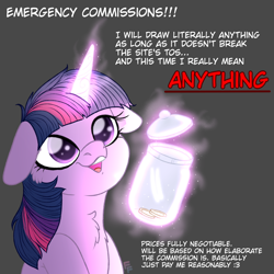 Size: 3000x3000 | Tagged: safe, artist:ponykittenboi, derpibooru exclusive, imported from derpibooru, twilight sparkle, pony, unicorn, advertisement, commission info, commissions open, cute, female, filly, filly twilight sparkle, floppy ears, foal, g4, g4 to g5, g5, generation leap, glowing, glowing horn, gray background, horn, information, jar, magic, open mouth, signature, simple background, solo, text, tip jar, unicorn twilight, watermark, younger