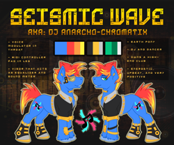 Size: 3000x2500 | Tagged: safe, artist:chvrchgrim, imported from derpibooru, dj pon-3, vinyl scratch, oc, oc:seismic, earth pony, pony, augmented, clothes, cybernetic pony, cyberpunk, dubstep, male, music notes, reference sheet, shoes, stallion, visor