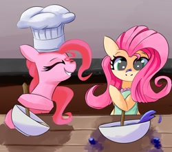 Size: 1500x1319 | Tagged: safe, artist:solid shrimp, imported from derpibooru, fluttershy, pinkie pie, earth pony, pegasus, pony, apron, baking, bowl, chef, chef's hat, clothes, cooking, duo, female, hat, mare