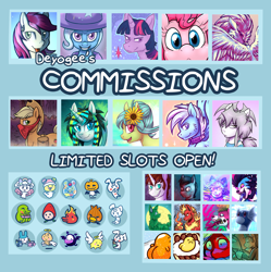 Size: 1782x1788 | Tagged: safe, artist:deyogee, imported from derpibooru, applejack, pinkie pie, trixie, twilight sparkle, oc, alicorn, earth pony, pegasus, pony, advertisement, collar, commission info, flower, flower in hair, tamagotchi