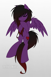 Size: 1288x1926 | Tagged: safe, artist:zeffdakilla, imported from derpibooru, oc, oc only, oc:frankie fang, pegasus, pony, black mane, brushing mane, emo, eyes closed, floating, flowing mane, flying, gradient background, holding mane, long hair, long mane, male, purple fur, scene, solo, spread wings, stallion, wings