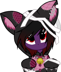 Size: 827x966 | Tagged: safe, artist:zeffdakilla, imported from derpibooru, oc, oc only, oc:frankie fang, human, equestria girls, bandage, base used, black hair, cat hoodie, collar, emo, looking at you, male, paws, piercing, purple skin, red eyes, scene, simple background, smiling, solo, transparent background