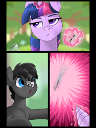 Size: 1536x2048 | Tagged: safe, artist:elcaballooscuro, imported from derpibooru, twilight sparkle, oc, oc:inkenel, oc:oretha, pony, annoyed, comic, macro, magic, micro, shrinking, size difference, test tube