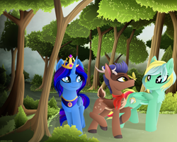 Size: 2949x2372 | Tagged: safe, artist:andaluce, imported from derpibooru, oc, oc only, oc:arny, oc:typh, alicorn, butterfly, deer, deer pony, original species, pegasus, pony, antlers, bush, butterfly on nose, clothes, crown, forest, insect on nose, jewelry, lineless, regalia, road, scarf, scenery, scenery porn, trio