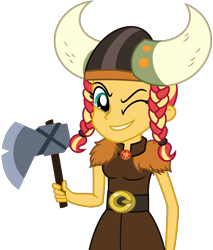 Size: 4674x5491 | Tagged: safe, artist:emeraldblast63, imported from derpibooru, sunset shimmer, human, equestria girls, alternate hairstyle, axe, braid, clothes, female, gloves, helmet, horned helmet, motorcross, one eye closed, simple background, solo, transparent background, viking helmet, weapon, wink