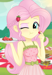 Size: 690x1000 | Tagged: safe, artist:fluttershy_art.nurul, imported from derpibooru, fluttershy, human, equestria girls, bare shoulders, beautiful, blinking, braid, cute, eating, eyeshadow, female, food, green eyes, hairpin, looking at you, makeup, one eye closed, picnic, plate, shyabetes, sleeveless, smiling, solo, strawberry, tape, wink