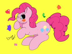 Size: 1352x1030 | Tagged: safe, artist:onsti, imported from derpibooru, pinkie pie, earth pony, pony, confetti, heart, one eye closed, simple background, solo, tongue out, yellow background