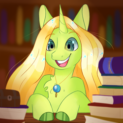 Size: 2000x2000 | Tagged: safe, artist:von babbitt, imported from derpibooru, oc, oc only, oc:little meadow, pony, unicorn, book, bookshelf, chest fluff, female, solo