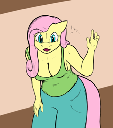 Size: 720x816 | Tagged: safe, artist:axentooth, imported from derpibooru, fluttershy, anthro, absolute cleavage, breasts, busty fluttershy, cleavage, clothes, colored sketch, female, leaning forward, pants, sketch, solo, tanktop, waving