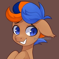 Size: 1373x1373 | Tagged: safe, artist:handgunboi, imported from derpibooru, oc, oc only, oc:fakka, bat pony, pony, bust, commission, fangs, male, simple background, smiling, solo, watermark