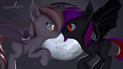 Size: 3840x2160 | Tagged: safe, artist:melodiousmarci, imported from derpibooru, oc, oc:alum orchid, oc:strawberry gleam, bat pony, 3d, fangs, female, flying, high res, looking at each other, looking at someone, moon, night, nose to nose, nose wrinkle, oc x oc, shipping, source filmmaker, stars