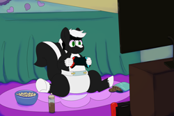 Size: 4050x2700 | Tagged: safe, artist:axiscloud, imported from derpibooru, oc, oc only, oc:zenawa skunkpony, hybrid, pony, skunk, skunk pony, baby bottle, bed, chewing, chips, chocolate, chocolate milk, colt, controller, cookie, diaper, diaper fetish, eating, eyebrows, fetish, foal, food, high res, male, milk, nintendo, nintendo switch, non-baby in diaper, paws, pinkie's bedroom, playing, raised tail, rug, sitting, sitting on floor, smiling, snacks, solo, spread legs, spreading, tail, television, underhoof, video game