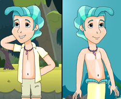 Size: 1294x1065 | Tagged: safe, artist:ocean lover, imported from derpibooru, terramar, human, merboy, mermaid, merman, season 8, surf and/or turf, spoiler:s08, arm behind head, belly button, bubble, bush, clothes, grass, handsome, human coloration, humanized, jewelry, legs, looking up, male, mermanized, mount aris, nature, necklace, ocean, outdoors, pearl, pearl necklace, shirt, shorts, sleeveless, smiling, species swap, tree, underwater, water