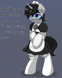 Size: 2000x2500 | Tagged: safe, artist:skyboundsiren, imported from derpibooru, oc, oc:cyan delta, pony, unicorn, bipedal, clothes, crossdressing, cute, dialogue, femboy, maid, male, multiple variants, offscreen character, pov, simple background, sissy, socks, stallion