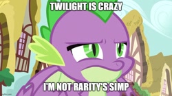 Size: 888x499 | Tagged: safe, edit, edited screencap, imported from derpibooru, screencap, spike, dragon, blatant lies, caption, image macro, implied rarity, implied twilight sparkle, simp, text, winged spike, wings