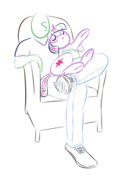Size: 748x1080 | Tagged: safe, artist:purblehoers, imported from derpibooru, twilight sparkle, oc, oc:anon, human, pony, unicorn, chair, crossed legs, female, holding a pony, mare, simple background, sitting, sitting on person, sketch, unicorn twilight, white background
