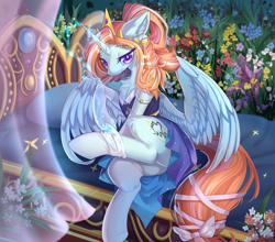 Size: 4200x3696 | Tagged: artist needed, source needed, safe, imported from derpibooru, oc, oc only, oc:p.p.a, pony, unicorn, chest fluff, clothes, crown, cute, dress, high res, jewelry, looking at you, regalia, smiling, socks, solo, thigh highs