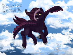 Size: 4000x3000 | Tagged: safe, artist:loopina, imported from derpibooru, oc, oc:purple rain, fly, insect, pegasus, male, pocctober, simple background, sky, smiling, solo, stallion