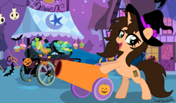 Size: 2828x1668 | Tagged: safe, artist:dianamur, artist:lynnthenerdkitty, imported from derpibooru, oc, oc:small brooke, pony, unicorn, base used, female, halloween, high res, holiday, mare, nightmare night, open mouth, smiling