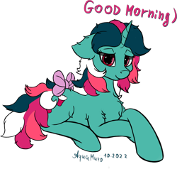 Size: 2026x1928 | Tagged: safe, alternate version, artist:aquamuro, imported from derpibooru, fizzy, pony, twinkle eyed pony, unicorn, bow, chest fluff, cute, ear fluff, female, fizzybetes, fluffy, g1, g1 to g4, g4, generation leap, good morning, lidded eyes, looking at you, lying down, mare, messy mane, prone, ribbon, signature, simple background, sketch, smiling, smiling at you, solo, tail, tail bow, text, translation, transparent background