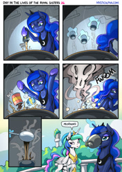 Size: 955x1351 | Tagged: safe, artist:mysticalpha, imported from derpibooru, princess celestia, princess luna, alicorn, pony, comic:day in the lives of the royal sisters, cauldron, coffee, comic, drinking, female, glowing, glowing horn, horn, jewelry, levitation, magic, mare, peytral, regalia, siblings, sisters, skull, telekinesis, walking