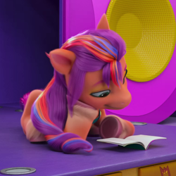 Size: 760x760 | Tagged: safe, imported from derpibooru, screencap, sunny starscout, earth pony, pony, spoiler:my little pony: make your mark chapter 2, spoiler:myms01e03, book, cropped, female, g5, lying down, mane stripe sunny, mare, my little pony: make your mark, my little pony: make your mark chapter 2, portrait of a princess, reading, solo