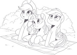 Size: 1518x1096 | Tagged: safe, artist:nauyaco, imported from derpibooru, applejack, rainbow dash, twilight sparkle, earth pony, pegasus, pony, black and white, cowboy hat, female, grayscale, hat, looking up, lying down, mare, monochrome, picnic blanket, prone, simple background, trio, white background