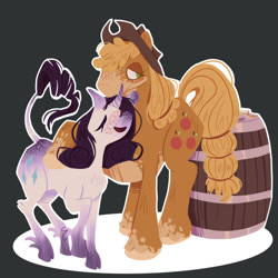 Size: 540x540 | Tagged: safe, artist:nicomoru, imported from derpibooru, applejack, rarity, classical unicorn, unicorn, barrel, blushing, cloven hooves, dark background, drunk, drunk rarity, female, leonine tail, lesbian, rarijack, shipping, unshorn fetlocks