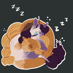 Size: 2048x2048 | Tagged: safe, artist:nicomoru, imported from derpibooru, applejack, rarity, classical unicorn, unicorn, cloven hooves, coat markings, curled up, dappled, female, leonine tail, lesbian, rarijack, shipping, sleeping, snoring, unshorn fetlocks