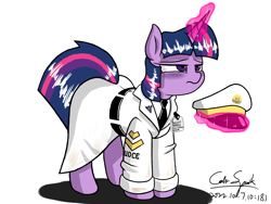 Size: 6000x4500 | Tagged: safe, artist:cdrspark, imported from derpibooru, twilight sparkle, pony, unicorn, bags under eyes, cap, clothes, female, hat, magic, mare, military uniform, necktie, simple background, sleepy, solo, telekinesis, tired, u.d.c.e., unicorn twilight, uniform, white background