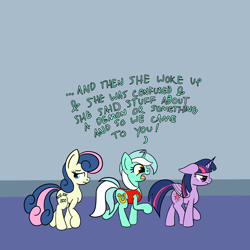 Size: 2000x2000 | Tagged: source needed, useless source url, safe, artist:dafiltafish, imported from derpibooru, bon bon, lyra heartstrings, sweetie drops, twilight sparkle, alicorn, earth pony, pony, unicorn, comic:day by day, bags under eyes, clothes, dialogue, ears back, female, folded wings, frown, grumpy, grumpy twilight, high res, hooves, horn, mare, open mouth, raised hoof, swimsuit, tail, text, trio, twilight sparkle (alicorn), walking, wings